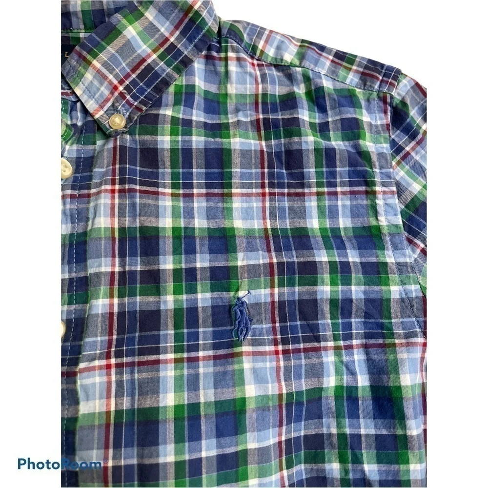 Ralph Lauren Boys Blue Green Plaid Button Down Shirt Size L 14–16 Preppy